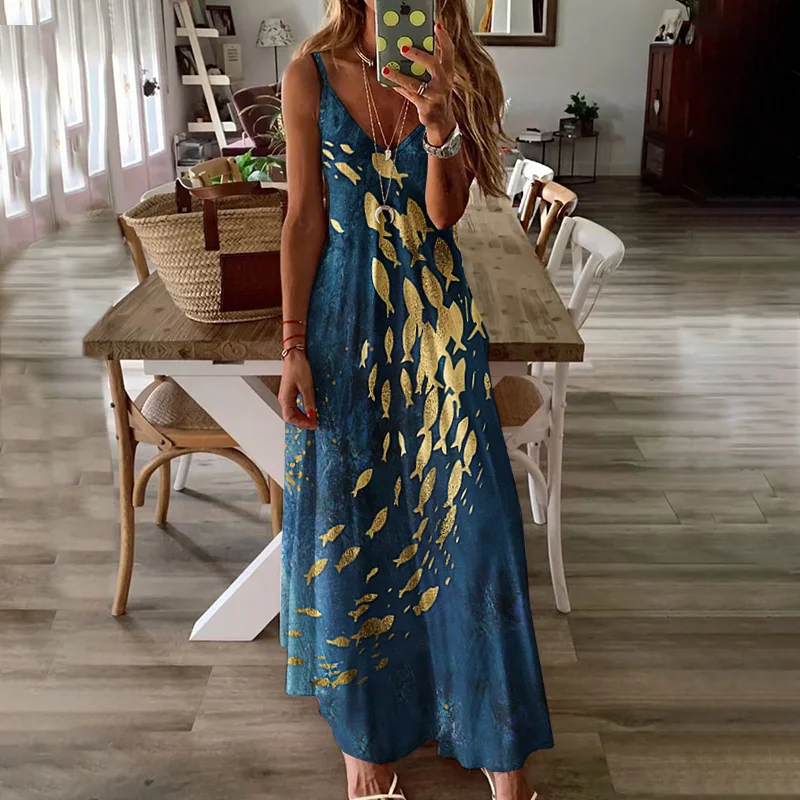 Casual Printed V-neck Strap Dress