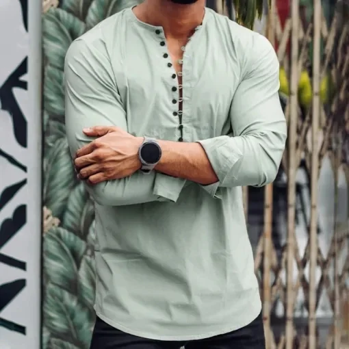 Men's Middle East solid color slim long sleeve shirt fashion cardigan top