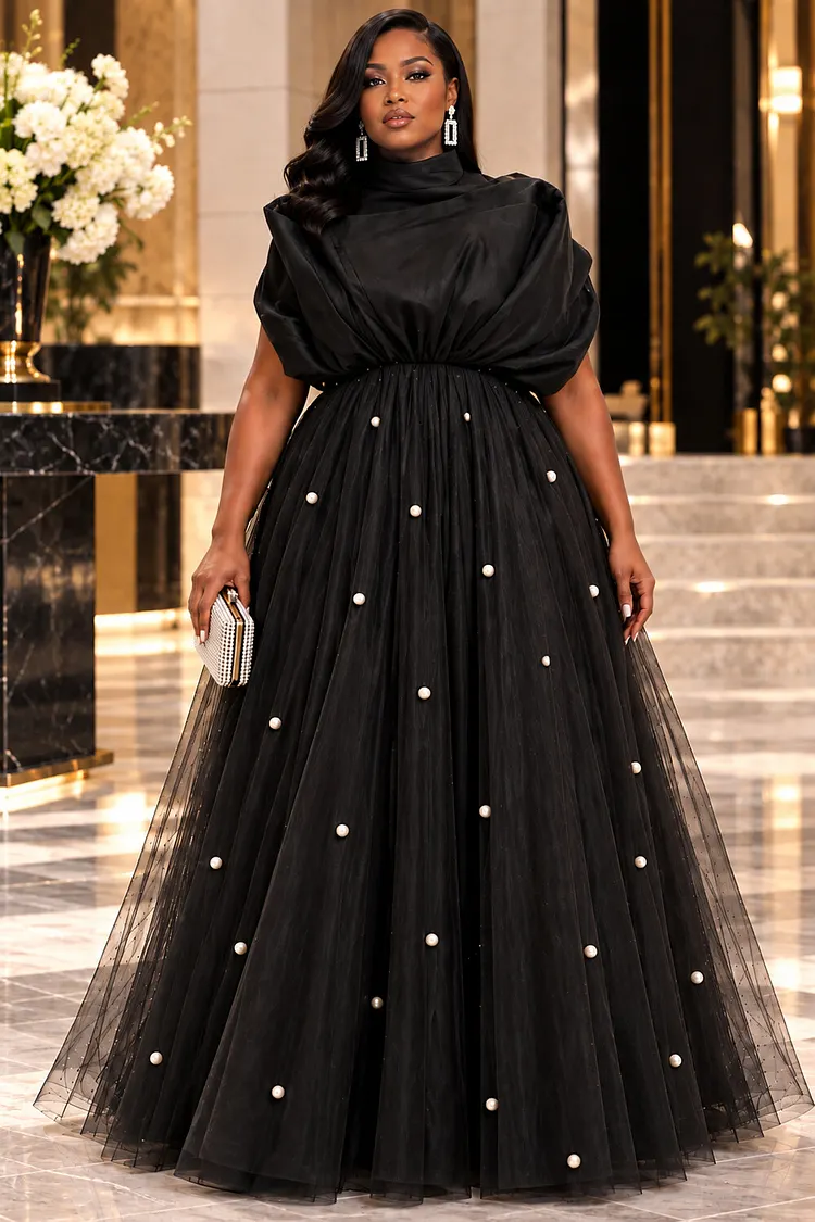 Xpluswear Design Plus Size Formal Tulle Black Stand-Up Collar Short Sleeve Contrast Pearls Satin Maxi Dresses [Pre-Order] 2024 - Xpluswear