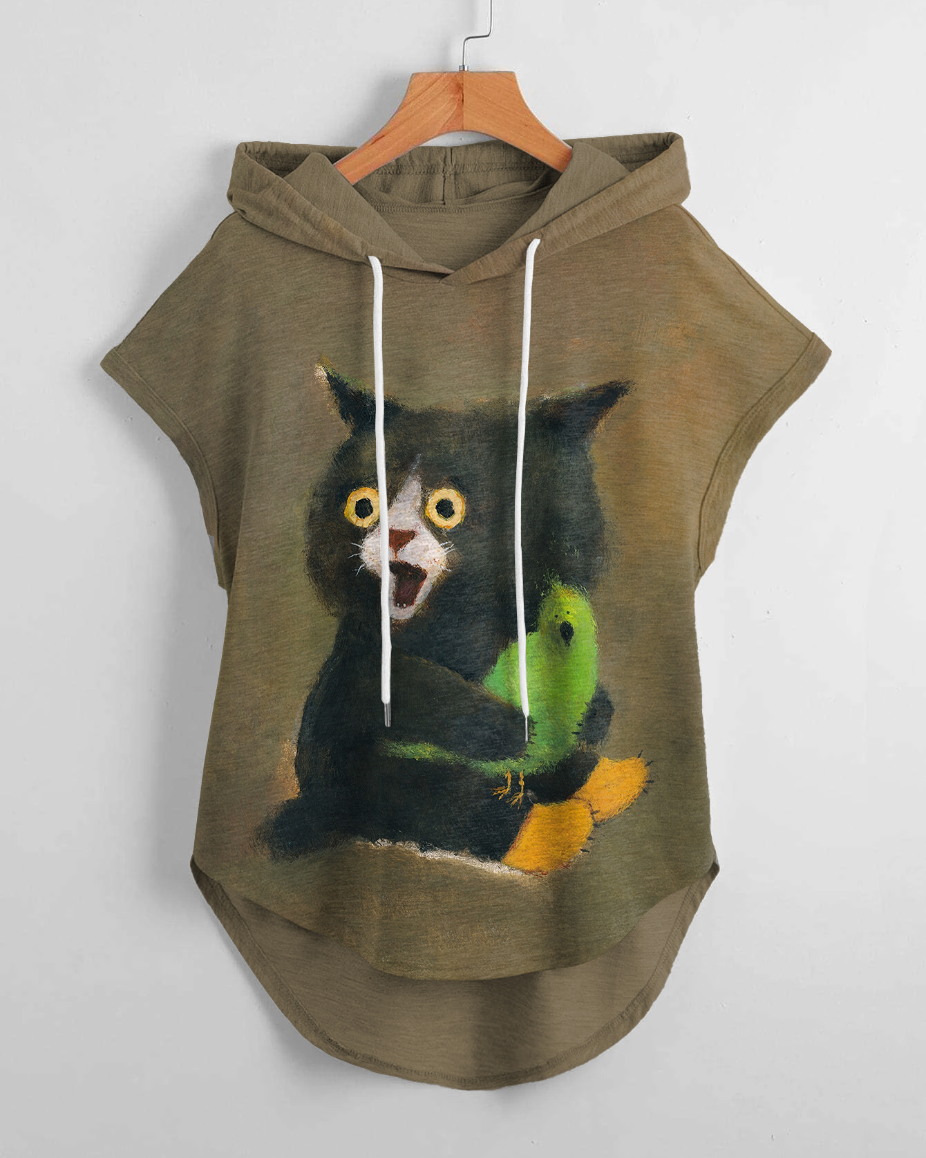 Frightened Black Cat Oil Painting Drawstring Hooded Tee