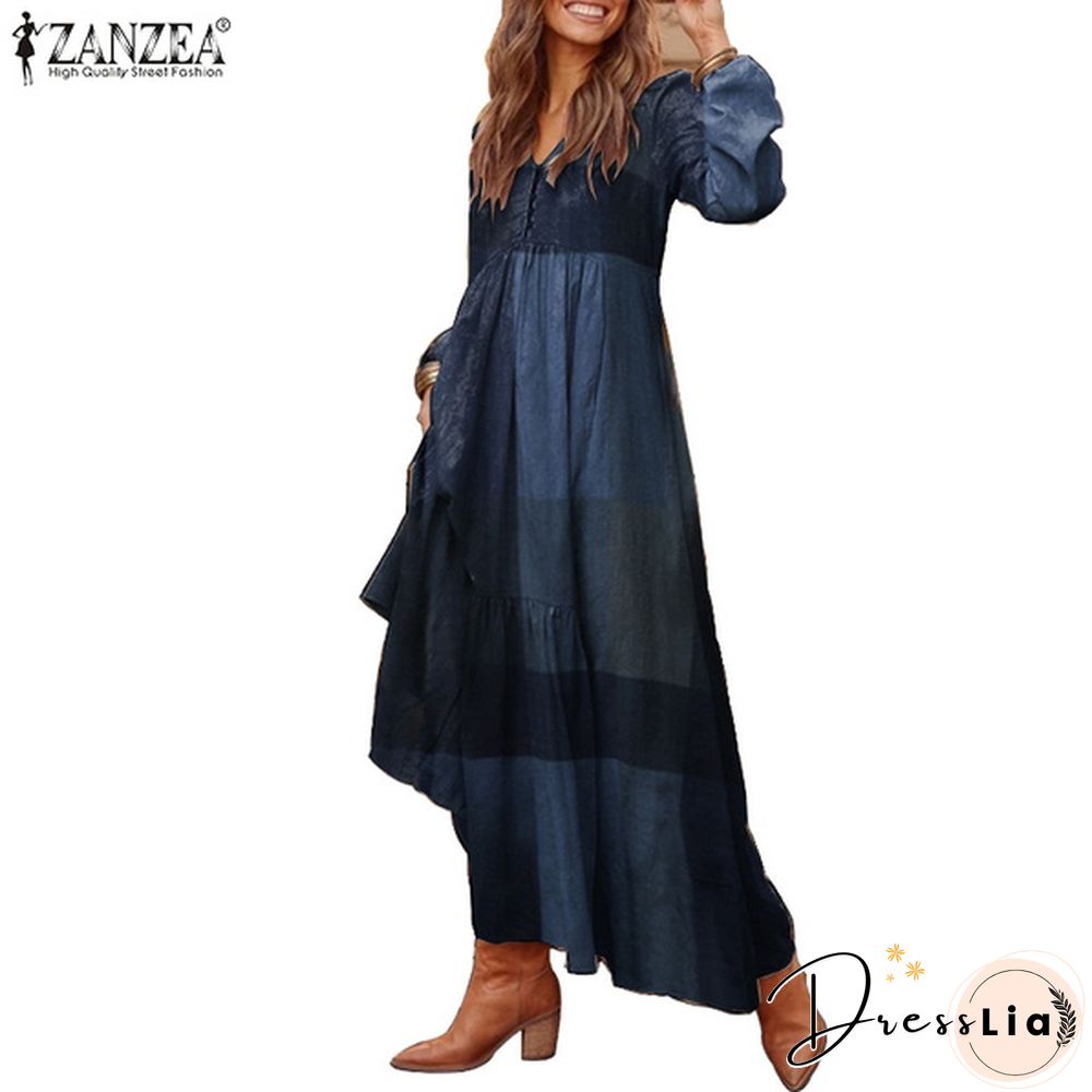 Zanzea Women Long Sleeve V-Neck Printed Kaftan Puff Sleeve Casual Loose Long Maxi Dresses Plus Size