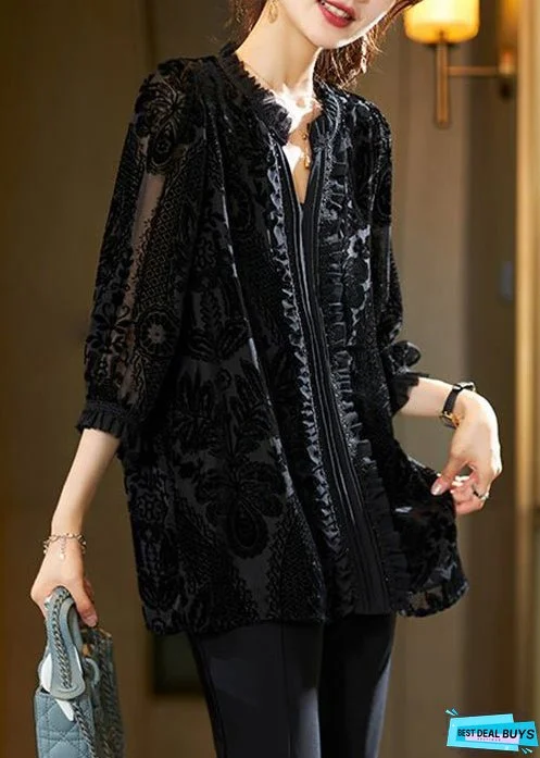 New Black V Neck Ruffled Silk Velour Tops Bracelet Sleeve
