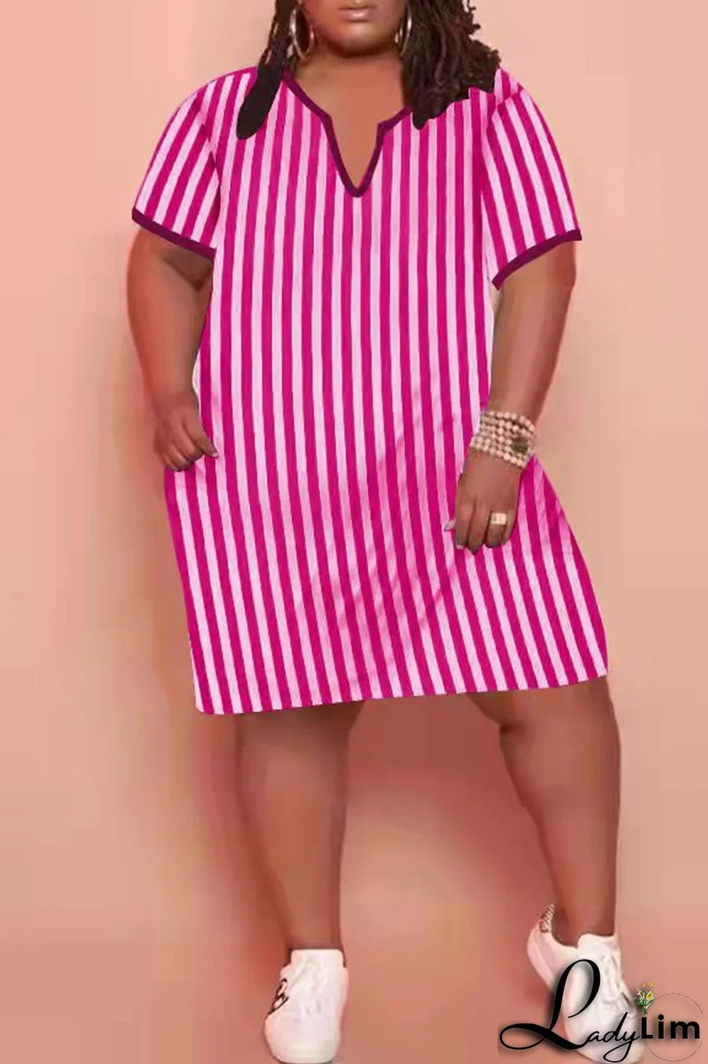 Rose Red Fashion Casual Plus Size Striped Print Split Joint V Neck Short Sleeve Dress