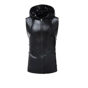 pornhint Pornhint Sexy Fetish Sleeveless Men Handmade Black Sheep Leather Hooded Vest Hoodie Rider-Biker Vest Zipper Vest Motorcycle Vest Gay Vest