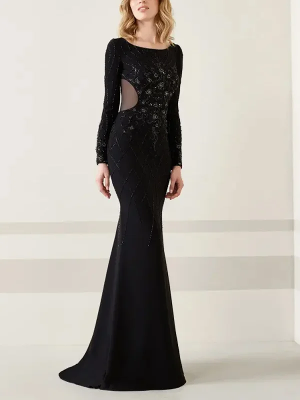 Round Neck Long Sleeve Lace Mesh Solid Color Maxi Dress
