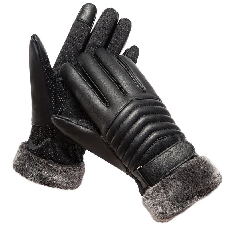 Gloves Winter Men’s Wool Mouth Plus Velvet Warm Gloves Outdoor Riding Motorcycle PU Touch Screen Cotton Gloves