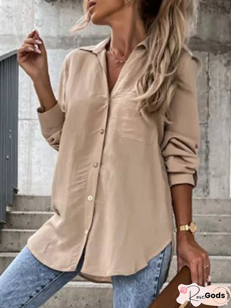 Shawl Collar Casual Plain Buttoned Blouse