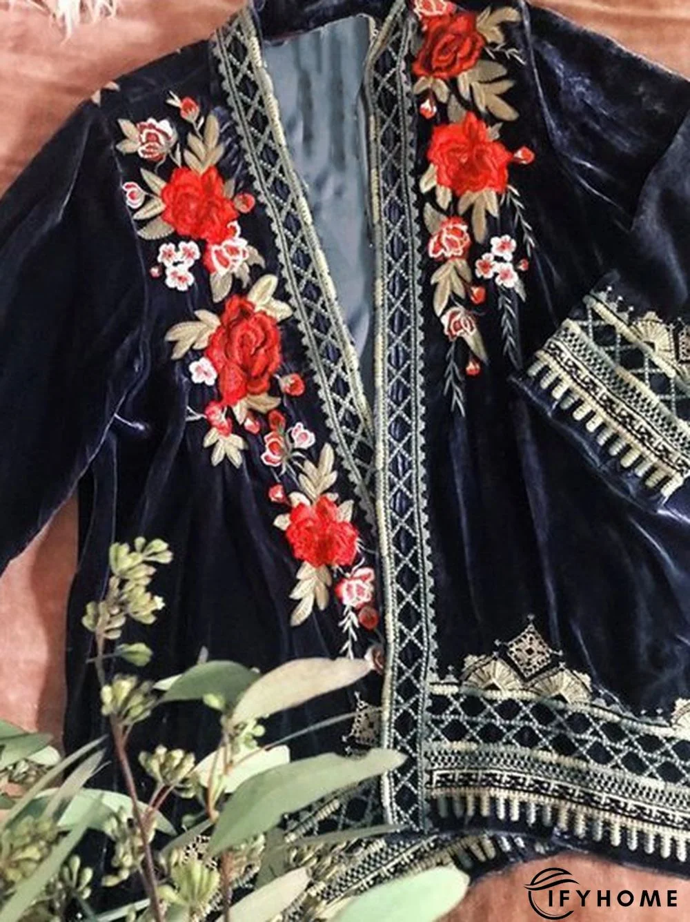 Black 3/4 Sleeve Coral Velvet Floral Shift Cardigan | IFYHOME