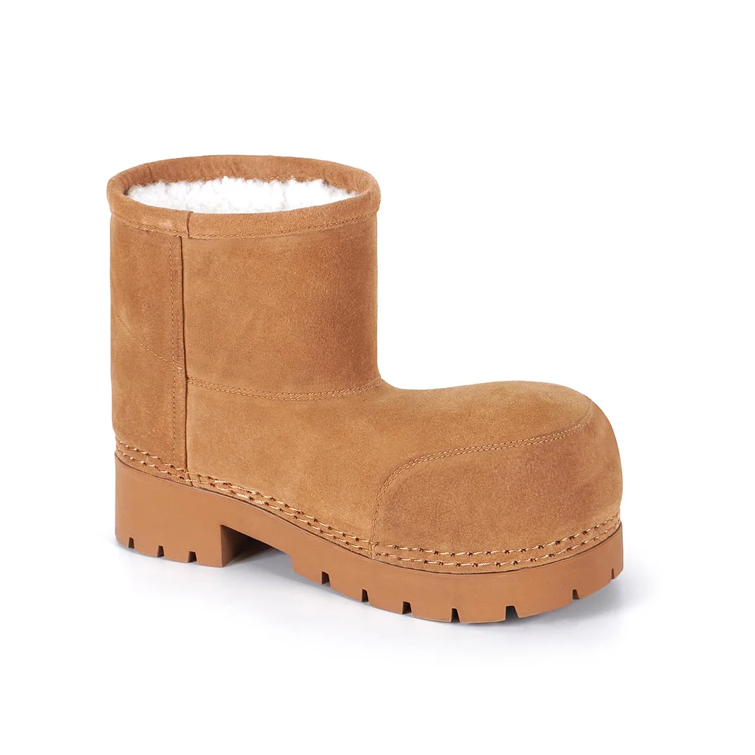 Faux Suede Platform Fuzzy Snow Boots Round Toe Hippy Winter Boots Slip On Knee High Chunky Heel Fur Boots-MERUMOTE