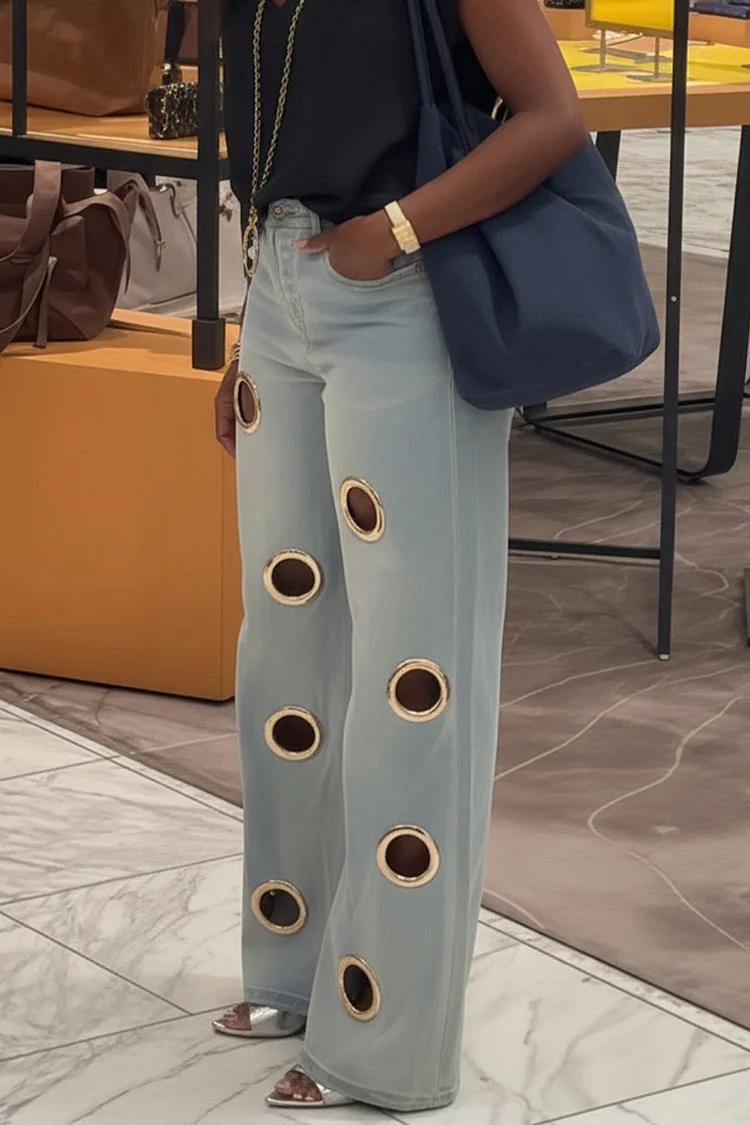 Plus Size Business Casual Blue Cut Out Casual Wide Leg Denim Jeans [Pre-Order]