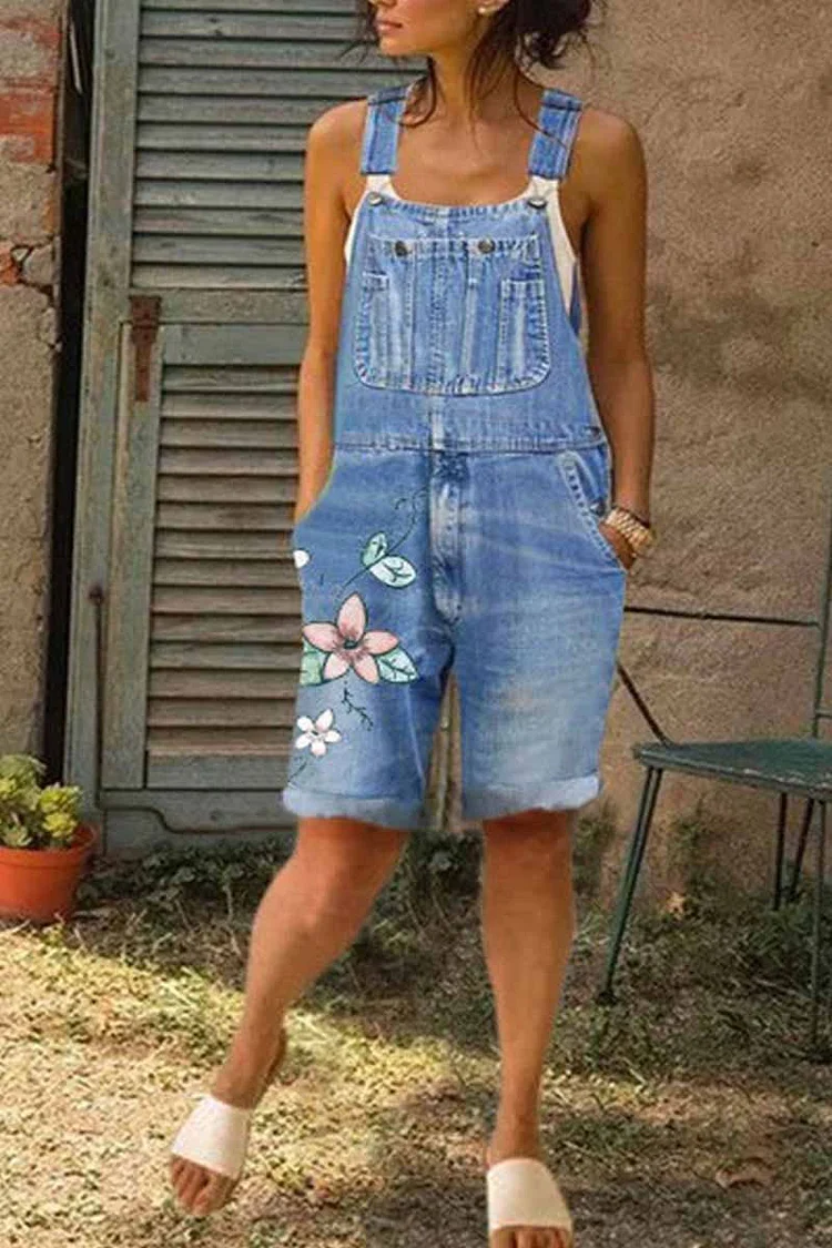 Fashion Casual Printed Denim Jumpsuits