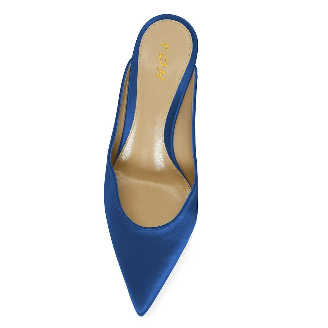 Blue Satin Kitten Heel Classic Mules Shoes with Pointed Toe