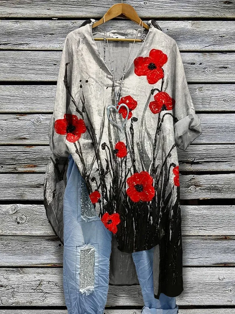 Women's Retro Poppy Painting Art Print Casual Cotton And Linen Shirtdress