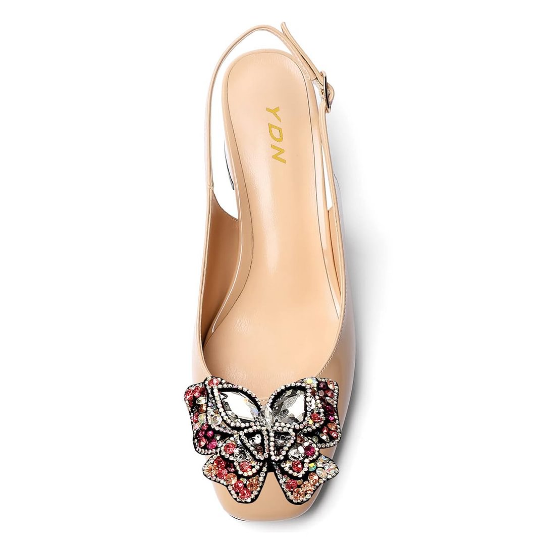 Women's Nude Patent Leather Rhinestone Butterfly Slingback Pumps