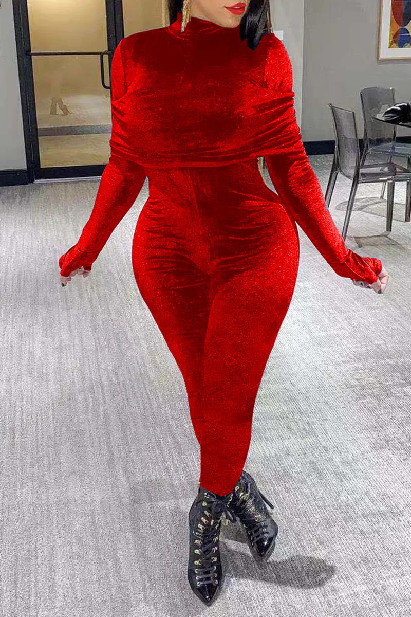 Red Sexy Solid Patchwork Turtleneck Skinny Jumpsuits | EGEMISS