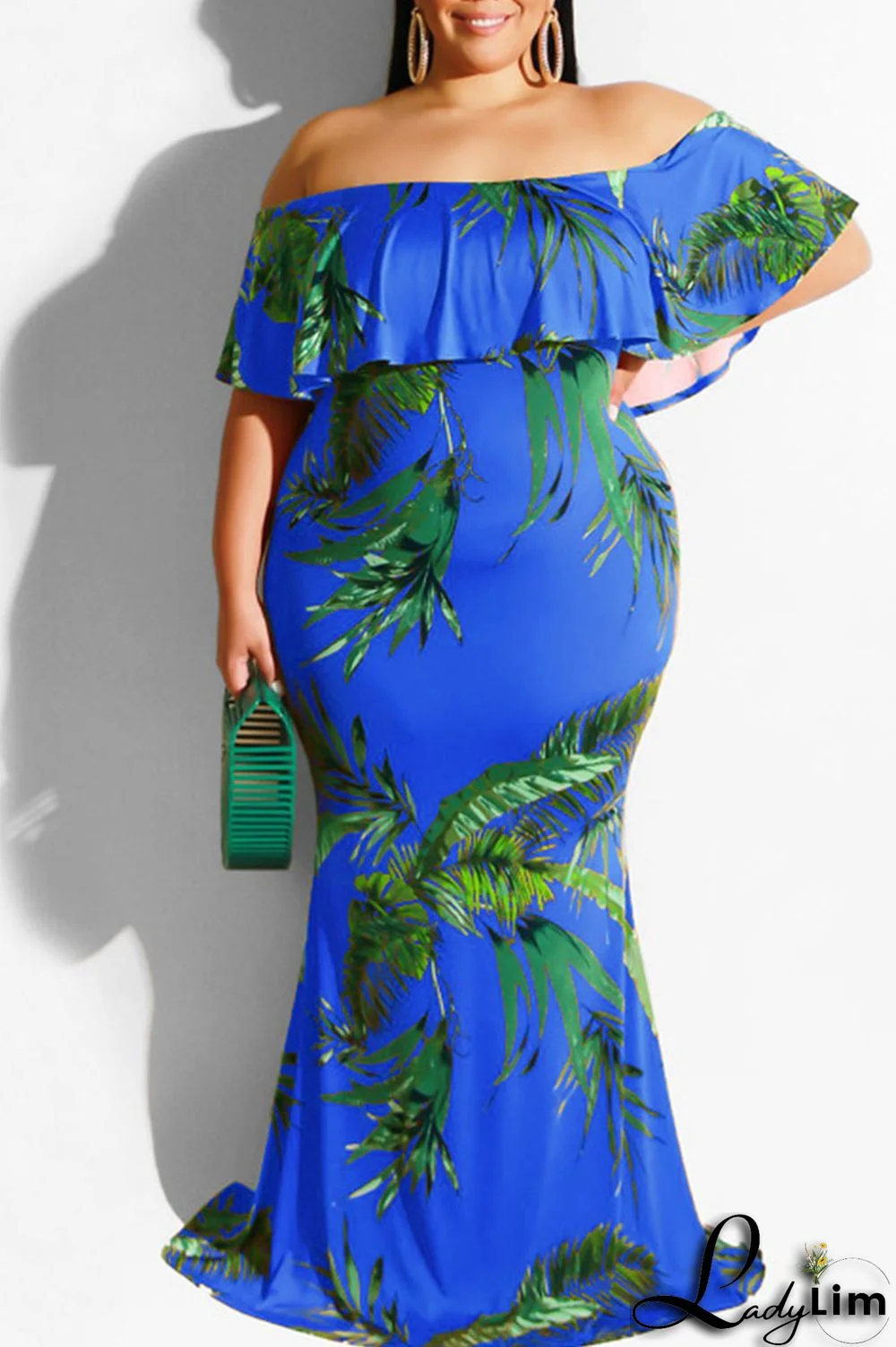 Colorful Blue Sexy Print Patchwork Flounce Off the Shoulder One Step Skirt Plus Size Dresses