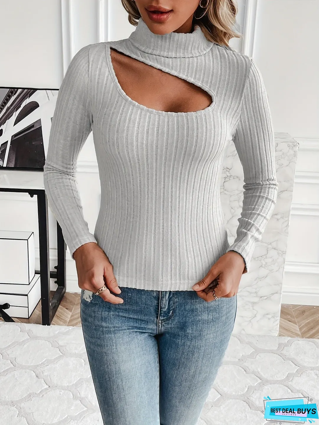 Cutout Ribbed Turtleneck T-Shirt, Casual Long Sleeve Top For Spring & Fall, Women's Clothing