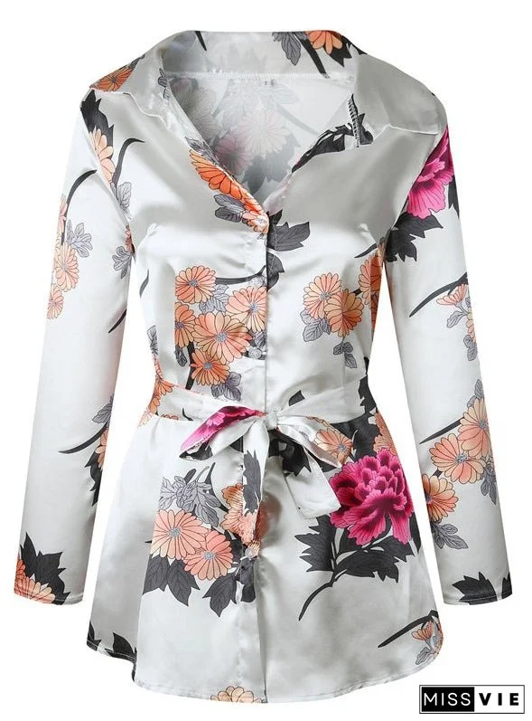Floral Print Notched Dress Women Summer Long Sleeve Sexy Split