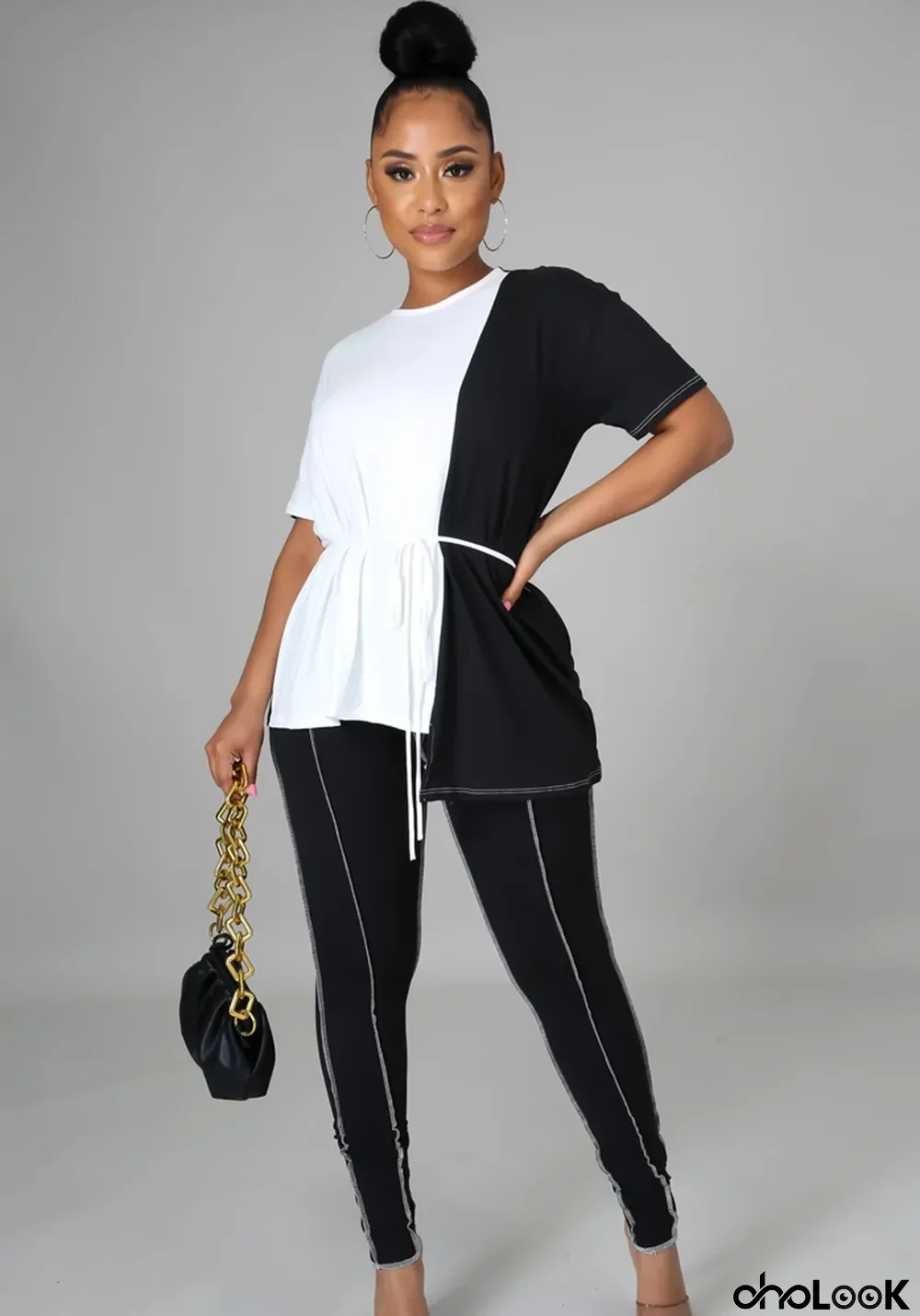Women Summer White and Black Casual O-Neck Short Sleeves Patchwork Belted Regular Two Piece Pants Set