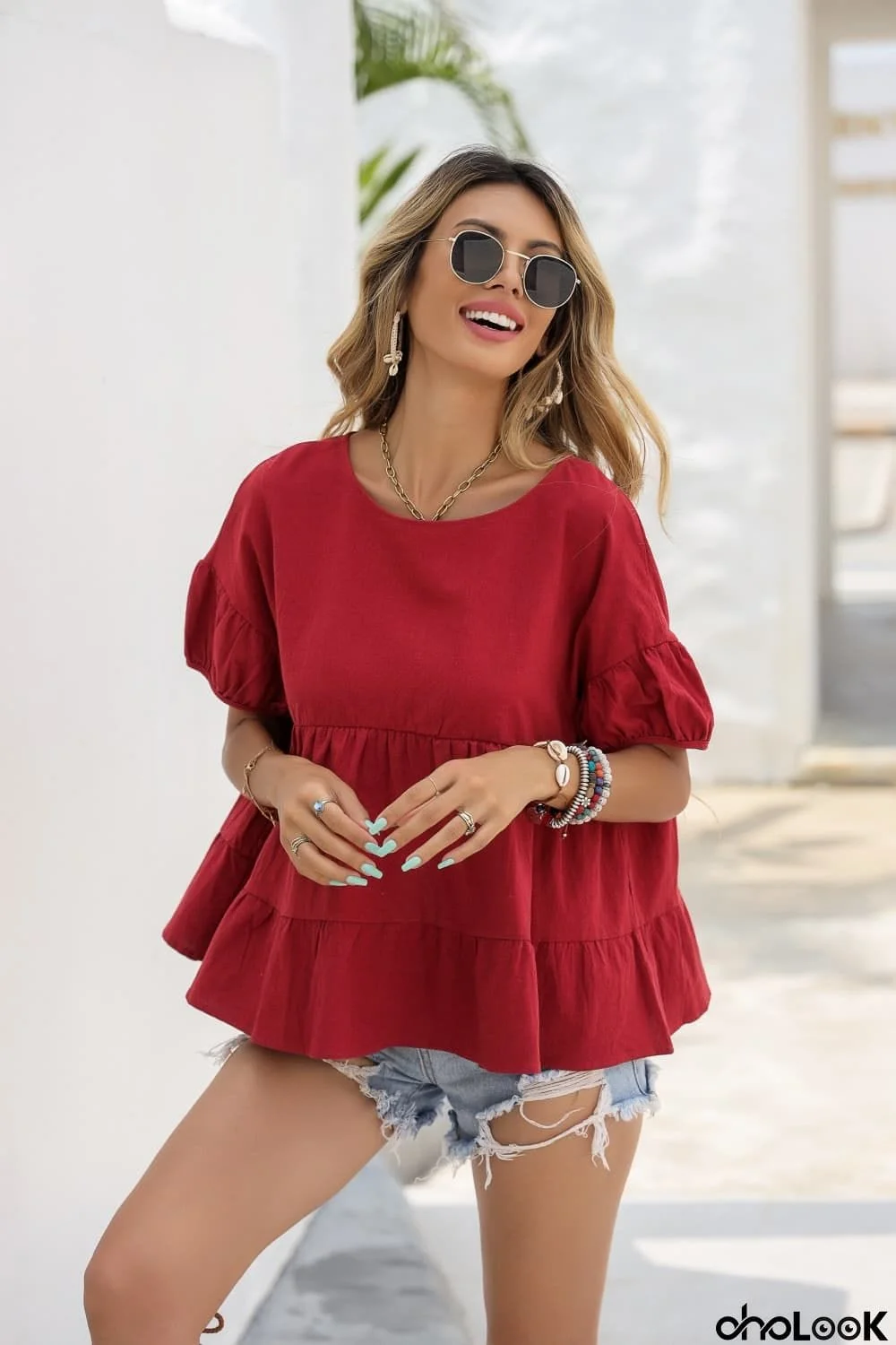 Round Neck Ruched Short Sleeve Blouse