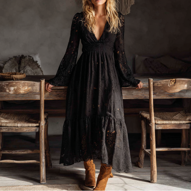 Elegant Black Lace Maxi Dress With Long Sleeves