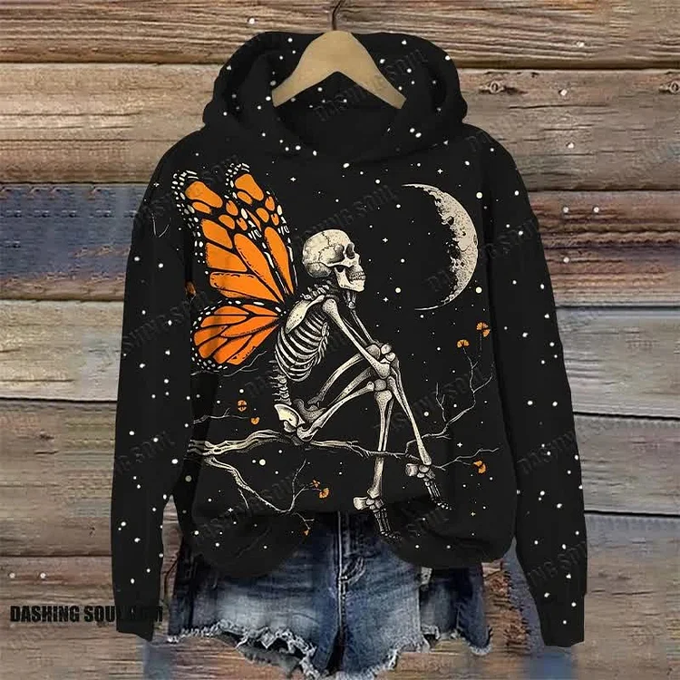Butterfly Skull Looking At The Moon Halloween Print Long Sleeve Hoodie