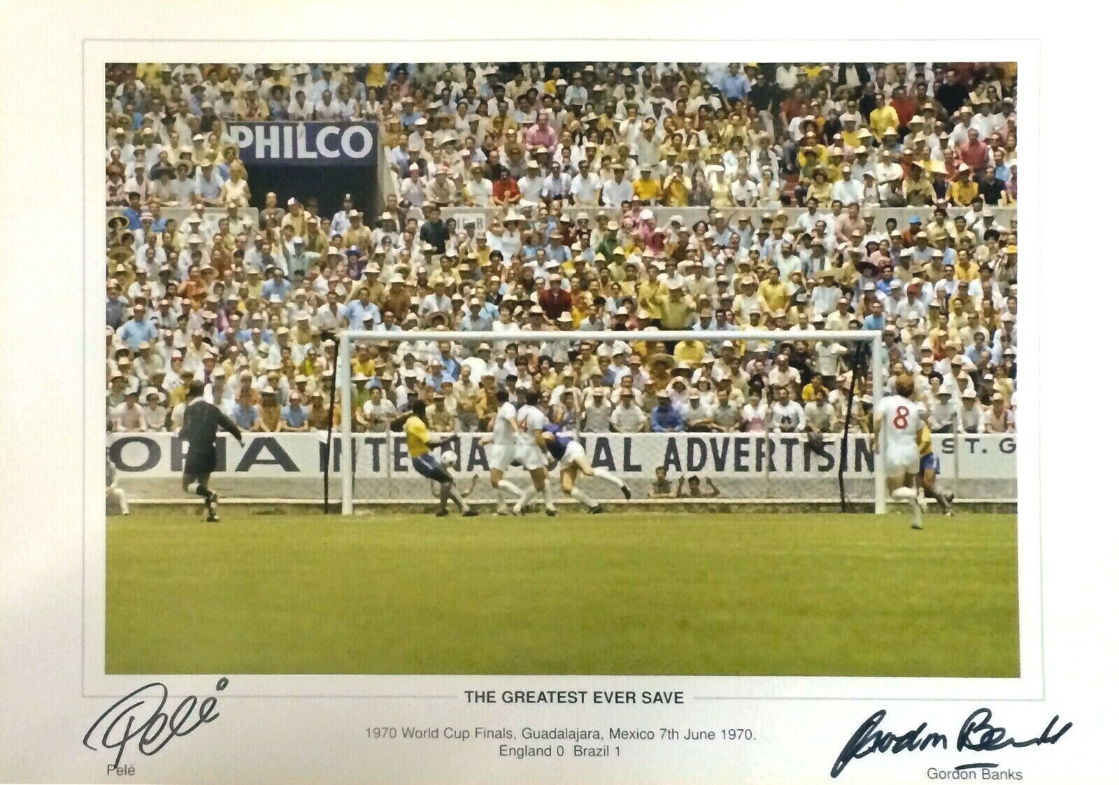 PELE BANKS DUAL SIGNED THE SAVE 1970 WORLD CUP BRAZIL V ENGLAND Photo Poster painting COA PROOF