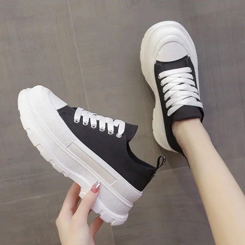 Yyvonne Canvas Chunky Platform Sneakers Woman Spring Summer Thick Bottom Sport Shoes Women Black White Lace Up Skateboard Mujer