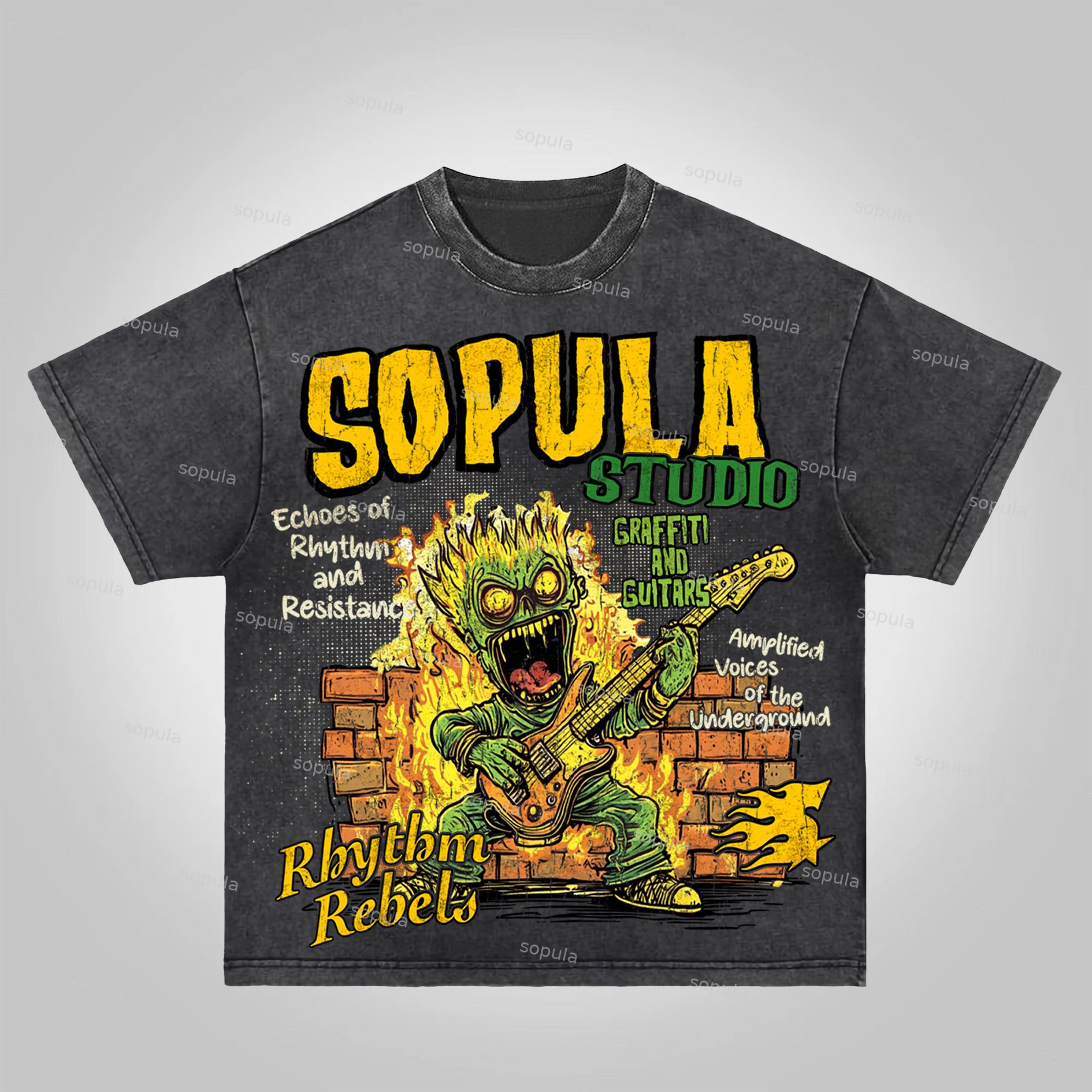 Sopula Street Graffiti Flame Guitar Graphic Acid Wash T-shirt
