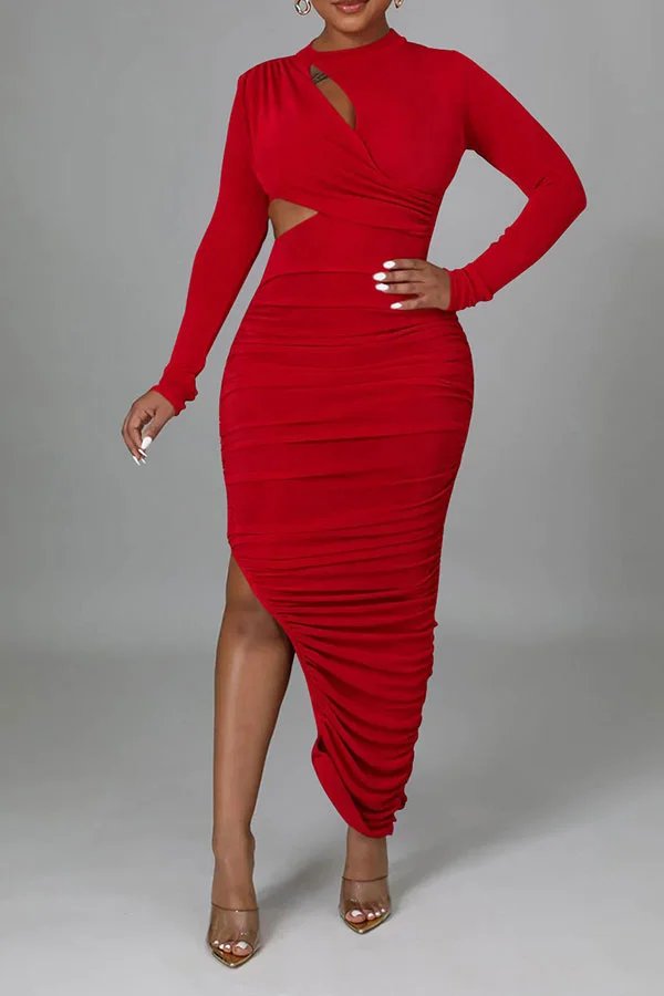 Solid Color Cutout Modern Ruched High Split Midi Dress
