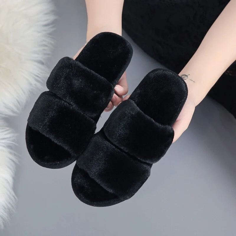 Qengg Women Fluffy Winter Slippers Solid Cross Plush Open Toe Slides Soft Flat Female Shoes Warm Faux Fur Slipper Home Shoes