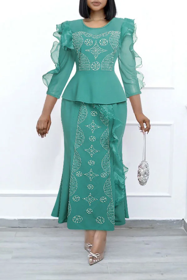 Graphic Print Feminine Ruffle Dress Suit