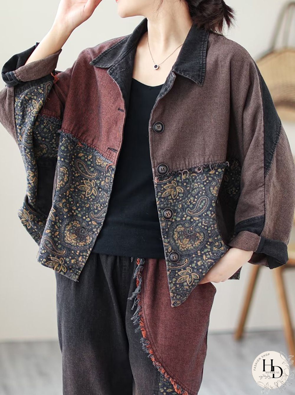 Contrast Color Fringed Split-Joint Long Sleeves Printed Outwear Harem Pants Two Pieces Set
