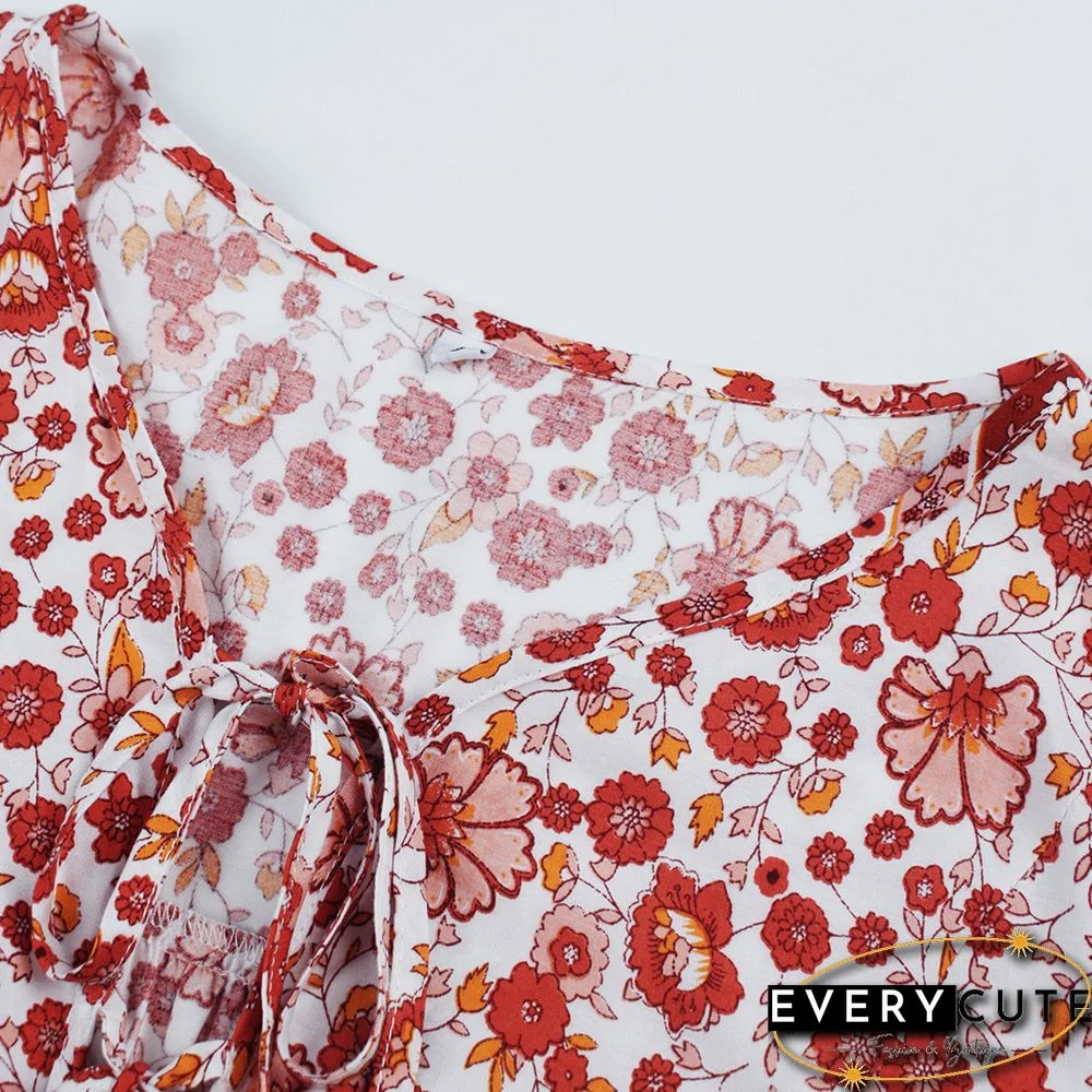 Red Bohemia Style Lace-up Long Sleeve Tops