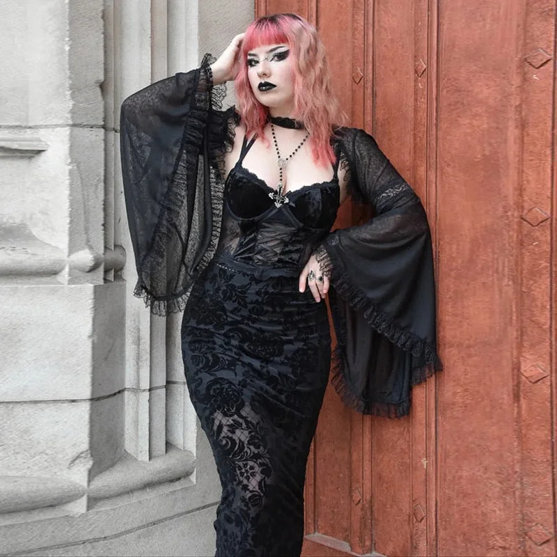 Sonicelife Halloween Vintage Gothic Y2K  Coat Lace Flare Sleeve Mesh Backless Stitch Smock Tops Woman See Through Cosplay Coat Black Fairy Grunge Top