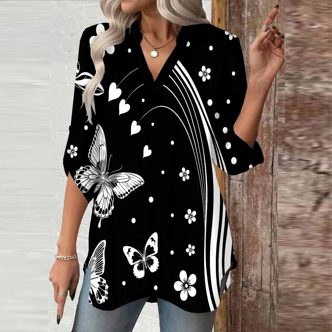 Women Butterfly,Black,White DZGA0771 3/4 Sleeve V-neck Printed Graphic Button Tops
