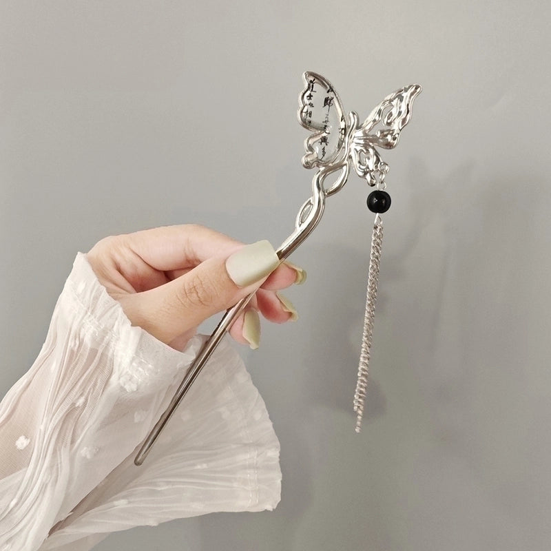 Women’s Chinoiserie Retro Flower Butterfly Fish Tail Alloy Tassel Inlay Pearl Hairpin