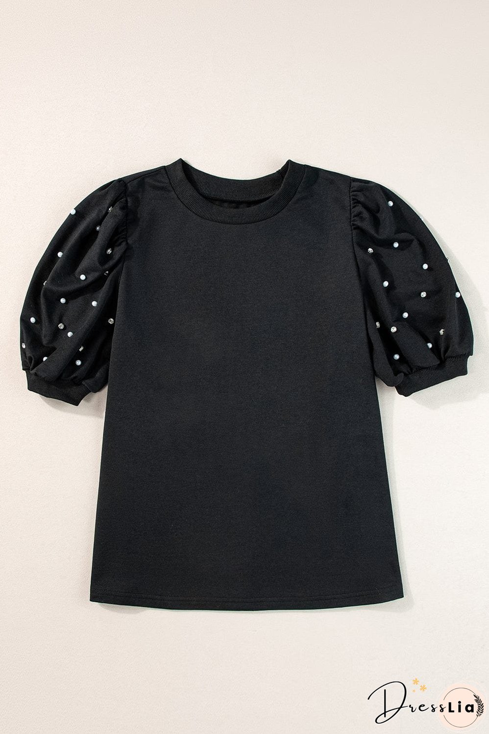 Elegant Black Rhinestone Pearl Embellished Puff Sleeve Blouse