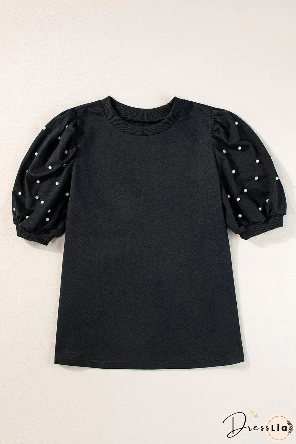 Elegant Black Rhinestone Pearl Embellished Puff Sleeve Blouse