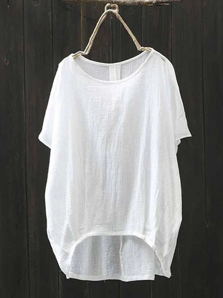 Basic Short Sleeve Solid Crew Neck Asymmetric Linen Blouse
