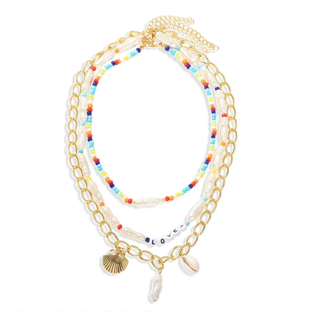 Dvacaman Boho Colorful 2pcs/set Beads Chain Necklace Trendy Ethnic Multi Layer Beaded Choker Necklace for Women Party Jewelry