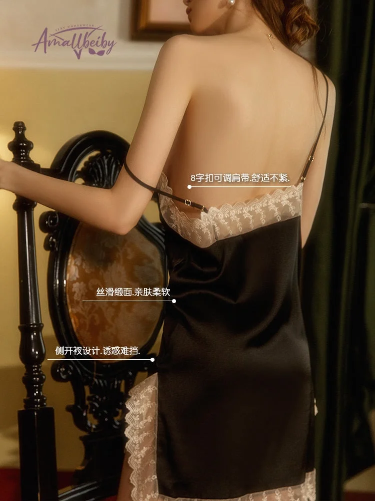 French Sexy Nightdress Women Sleepwear Summer Strap V-neck Lace Split Strap Nightgown Silk Night Dress Dropshipping