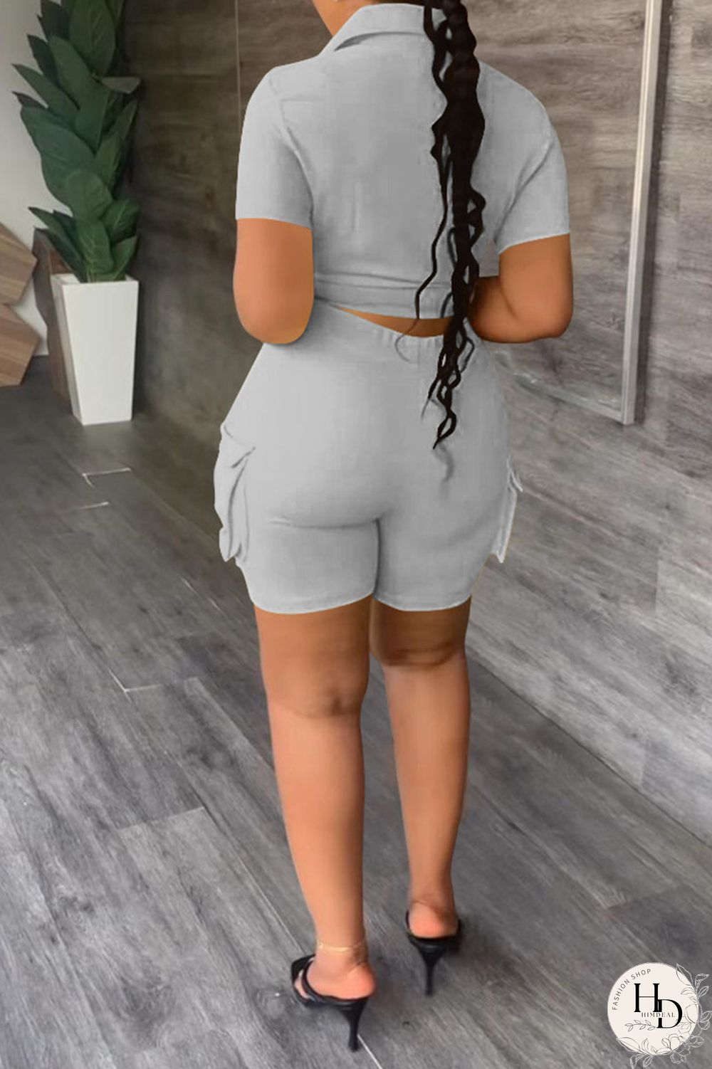 Khaki Casual Solid Bandage Patchwork Pocket Buckle Turndown Collar Short Sleeve Two Pieces