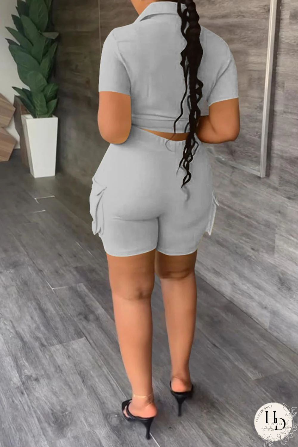 Khaki Casual Solid Bandage Patchwork Pocket Buckle Turndown Collar Short Sleeve Two Pieces