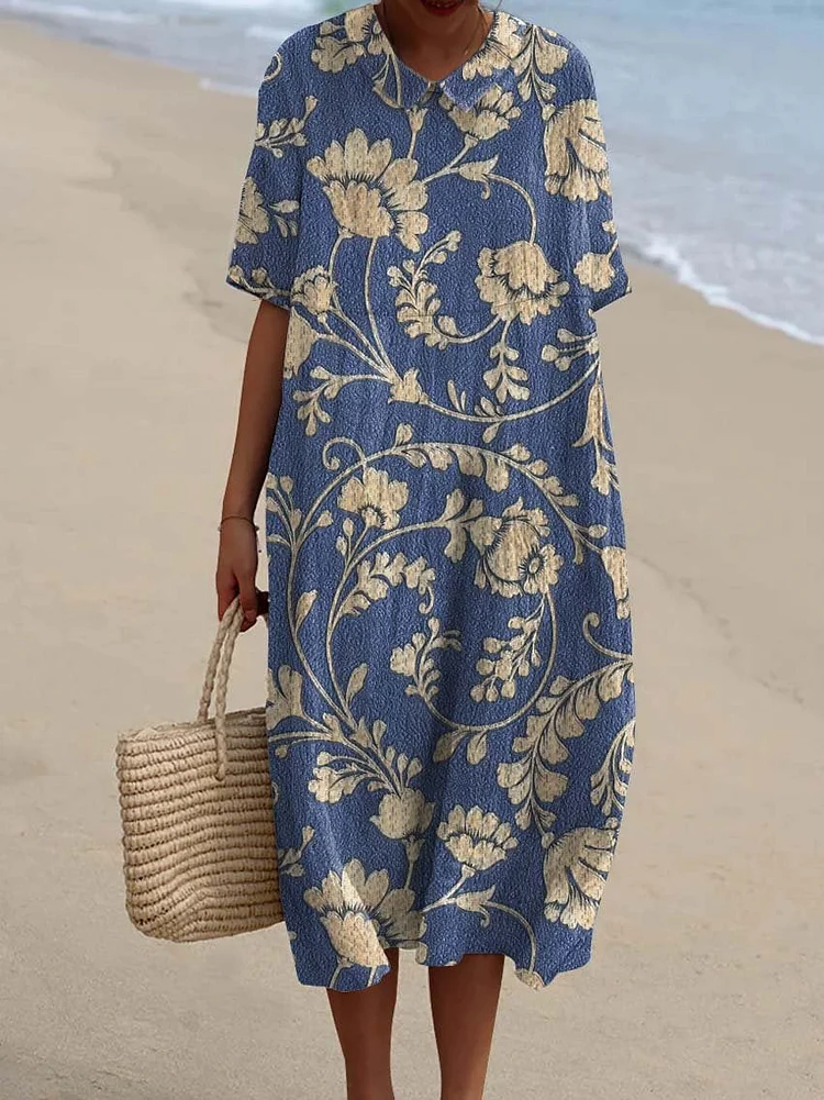 Women's Vintage Floral Art Print Pocket Linen Dress（Convertible Dress With Front And Back Option）