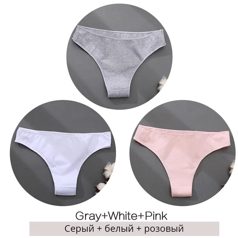 FINETOO 3Pcs/set Cotton Brazilian Panties M-2XL Women Underwear Ladies Soild Color T-back Underpants Sexy Low-rise Panty 2021