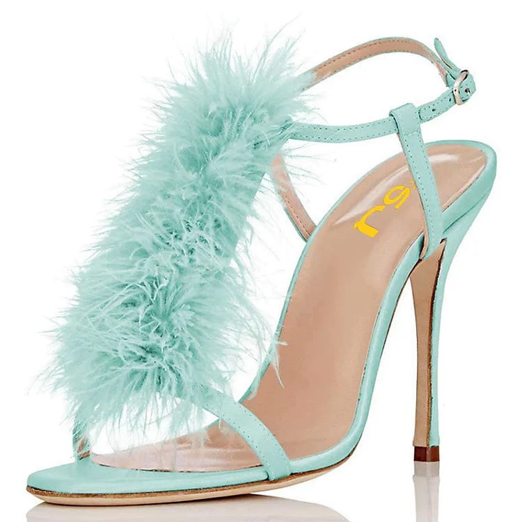 Cyan Faux Feather Prom Shoes Ankle Strap Stiletto Heel Sandals |FSJ Shoes