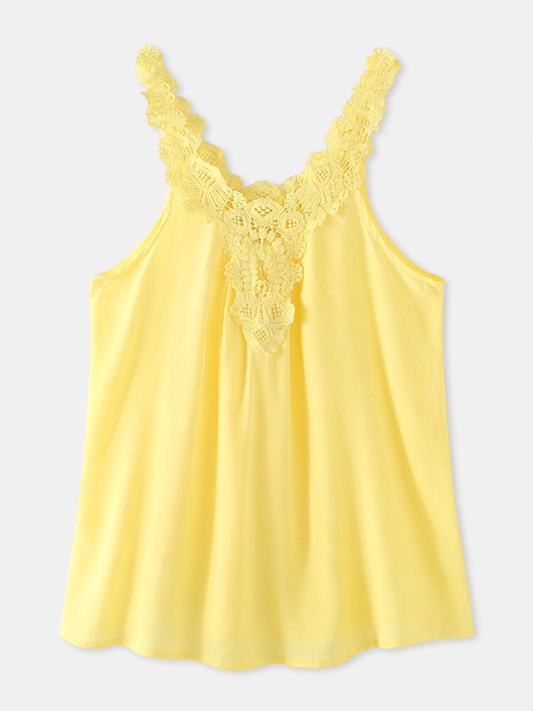 Lace Patchwork V neck Sleeveless Solid Color Women Casual Cami P1849674