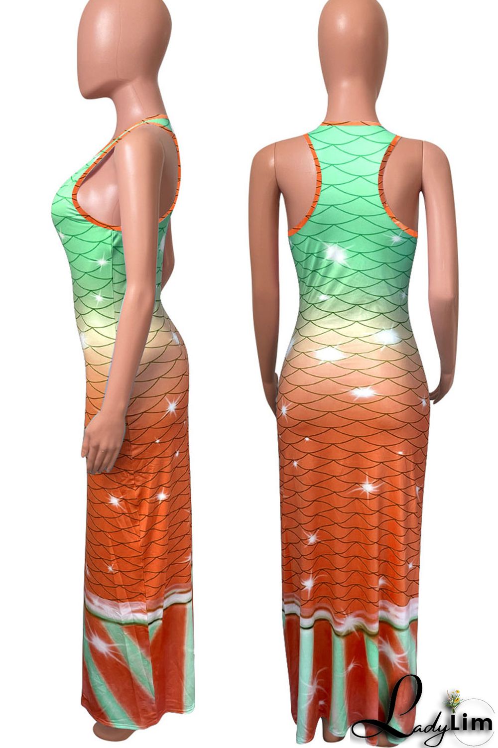 Tangerine Red Casual Print Split Joint U Neck Vest Dress Dresses