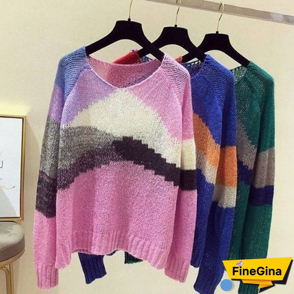 Women Loose Korean Pink Patchwork Sweater Pullovers Fashion Fall Harajuku Casual Y2k Tops Chic Lazy Wind Female Clothes